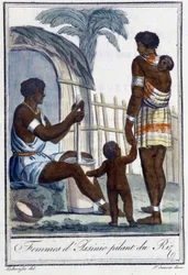 Mujeres de Issinie moliendo arroz - en "Encyclopedia of Travels" de Grasset St Sauveur, ed. 1796