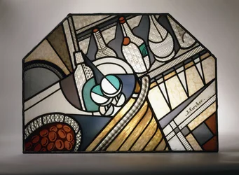 Un panel de vidriera Art Déco que representa un bar de cócteles