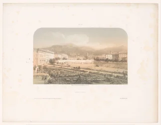 Vista del jardín público y el Pont-Neuf en Niza Jardin public (título sobre objeto) Rostros en Niza (título de la serie) Niza (título de la serie en el objeto)
