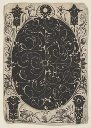 Estuche ovalado decorado con Schweifwerk en dos variantes, rodeado de motivos más pequeños..., ca. 1614-19