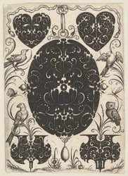 Colgante oval decorado con Schweifwerk, rodeado de motivos más pequeños y cuatro pájaros, ca. 1614-19