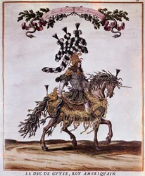 Manuscrito del Carrusel de 1662. El Duque de Guisa en el Rey Americano, participando en el Carrusel de 1662 (fiesta celebrada en París bajo el reinado de Luis XIV). Ilustración de Jacques I Bailly (1629 - 1679).