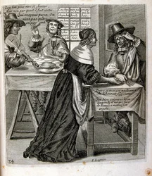 Ilustración grabada del siglo XVII de una colección de proverbios. París 1657-1663. Por Jacques Lagniet (1620-1675). Grabador francés. De él son numerosos grabados de crítica social y cuadros de burla como sus ilustraciones a veces grotescas y fantásticas