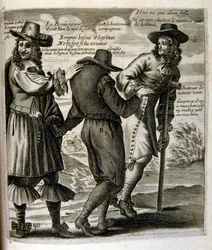 Ilustración grabada del siglo XVII de una colección de proverbios. París 1657-1663. Por Jacques Lagniet (1620-1675). Grabador francés. De él son numerosos grabados de crítica social y cuadros de burla como sus ilustraciones a veces grotescas y fantásticas