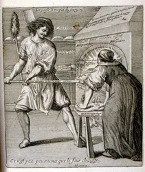Ilustración grabada del siglo XVII de una colección de proverbios. París 1657-1663. Por Jacques Lagniet (1620-1675). Grabador francés. De él son numerosos grabados de crítica social y cuadros de burla como sus ilustraciones a veces grotescas y fantásticas