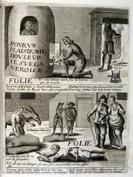 Ilustración grabada del siglo XVII de una colección de proverbios. París 1657-1663. Por Jacques Lagniet (1620-1675). Grabador francés. De él son numerosos grabados de crítica social y cuadros de burla como sus ilustraciones a veces grotescas y fantásticas