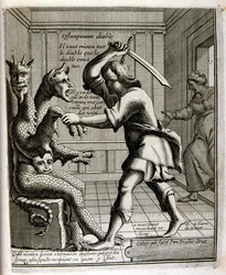 Ilustración grabada del siglo XVII de una colección de proverbios. París 1657-1663. Por Jacques Lagniet (1620-1675). Grabador francés. De él son numerosos grabados de crítica social y cuadros de burla como sus ilustraciones a veces grotescas y fantásticas