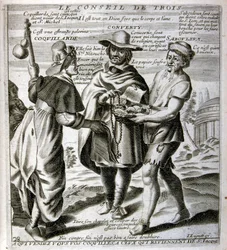 Ilustración grabada del siglo XVII de una colección de proverbios. París 1657-1663. Por Jacques Lagniet (1620-1675). Grabador francés. De él son numerosos grabados de crítica social y cuadros de burla como sus ilustraciones a veces grotescas y fantásticas