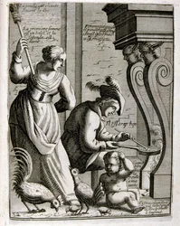 Ilustración grabada del siglo XVII de una colección de proverbios. París 1657-1663. Por Jacques Lagniet (1620-1675). Grabador francés. De él son numerosos grabados de crítica social y cuadros de burla como sus ilustraciones a veces grotescas y fantásticas