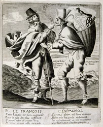 Ilustración grabada del siglo XVII de una colección de proverbios. París 1657-1663. Por Jacques Lagniet (1620-1675). Grabador francés. De él son numerosos grabados de crítica social y cuadros de burla como sus ilustraciones a veces grotescas y fantásticas