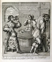 Ilustración grabada del siglo XVII de una colección de proverbios. París 1657-1663. Por Jacques Lagniet (1620-1675). Grabador francés. De él son numerosos grabados de crítica social y cuadros de burla como sus ilustraciones a veces grotescas y fantásticas