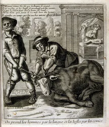Ilustración grabada del siglo XVII de una colección de proverbios. París 1657-1663. Por Jacques Lagniet (1620-1675). Grabador francés. De él son numerosos grabados de crítica social y cuadros de burla como sus ilustraciones a veces grotescas y fantásticas