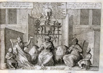 Ilustración grabada del siglo XVII de una colección de proverbios. París 1657-1663. Por Jacques Lagniet (1620-1675). Grabador francés. De él son numerosos grabados de crítica social y cuadros de burla como sus ilustraciones a veces grotescas y fantásticas