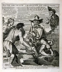 Ilustración grabada del siglo XVII de una colección de proverbios. París 1657-1663. Por Jacques Lagniet (1620-1675). Grabador francés. De él son numerosos grabados de crítica social y cuadros de burla como sus ilustraciones a veces grotescas y fantásticas