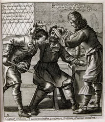 Ilustración grabada del siglo XVII de una colección de proverbios. París 1657-1663. Por Jacques Lagniet (1620-1675). Grabador francés. De él son numerosos grabados de crítica social y cuadros de burla como sus ilustraciones a veces grotescas y fantásticas