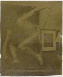 Estudio de un modelo desnudo masculino agachado con un arco en la mano, en el estudio de Jacques de Lalaing