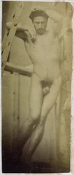 Estudio de un modelo desnudo masculino, colgado en un andamio de madera, en el estudio de Jacques de Lalaing