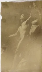 Estudio de un modelo desnudo masculino en un andamio, visto desde abajo, en el taller de Jacques de Lalaing