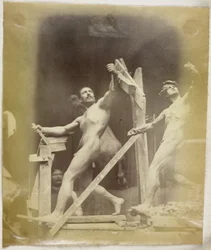 Estudio de un modelo desnudo masculino en un andamio, visto de lado y junto a un modelo de yeso en la misma pose, en el estudio de Jacques de Lalaing