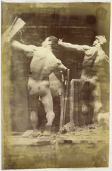 Estudio de un modelo desnudo masculino, visto de espaldas y a mano en un andamio, junto a un modelo de yeso en exactamente la misma pose, en el estudio de Jacques de Lalaing