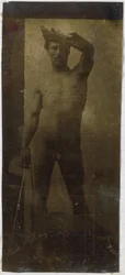 Estudio de un modelo de desnudo masculino, de pie y visto de frente, en el estudio de Jacques de Lalaing