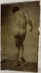 Estudio de un modelo de desnudo masculino, de pie y visto de espaldas, en el estudio de Jacques de Lalaing
