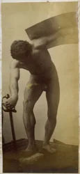 Estudio de un modelo desnudo masculino, de pie inclinado con espada y escudo en las manos, en el estudio de Jacques de Lalaing