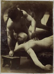 Estudio de un modelo desnudo masculino luchando con un maniquí, en el estudio de Jacques de Lalaing