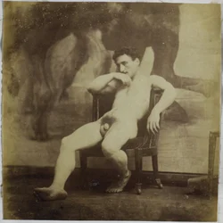 Estudio de un modelo masculino desnudo, sentado en una silla, en el estudio de Jacques de Lalaing
