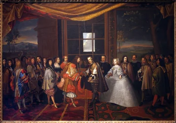 Guerra de los Treinta Años: "Entrevista del rey de Francia Luis XIV (1638-1715) y Felipe IV de España (1605-1665) en la isla de Paisans el 7/11/1659" España acepta firmar el Tratado de los Pirineos. La hija de Felipe IV, María Teresa (Marie-Therese)
