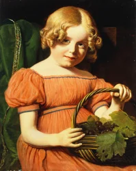 Retrato de Louisa Booth, sentada a media longitud, con un vestido coral rosa adornado con una trenza azul sosteniendo una cesta de uvas