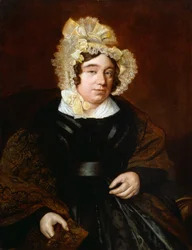Retrato de la Sra. Edward Cross, sentada a media longitud con un vestido de satén oscuro y un chal de cachemira