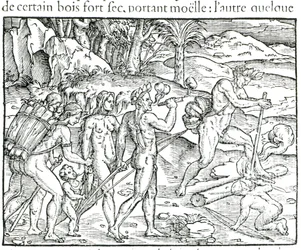 Nativo americano haciendo fuego después de cazar, grabado por Theodor de Bry (1525-75)