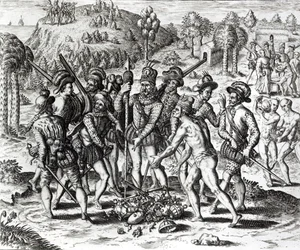 Españoles recibiendo regalos de los indios, de 