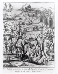 Los indios atacan a los sacerdotes y otros y prenden fuego a sus casas, grabado de 