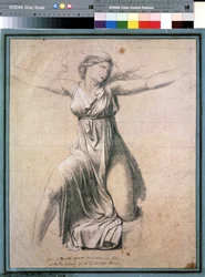 Hersilia (Hersilie)"": representación de una de las sabinas interponiéndose entre Rómulo y Tacio, rey de las sabinas. Estudio para la pintura ""Les sabines"" Dibujo de Jacques Louis David (1748-1825) 1795-1798 Moscú. Museo Pushkin de Bellas Artes