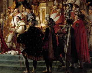 La coronación de Napoleón. Detalle que representa el primer plano con el papa Pío VII durante la consagración del emperador Napoleón I Bonaparte y la coronación de la emperatriz Josefina en Notre-Dame de París el 2 de diciembre