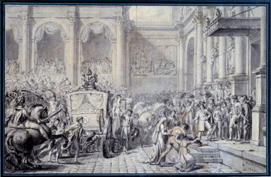 La llegada del carruaje del emperador Napoleón I (1769-1821) al Hotel de Ville de París el 16/12/1804 con motivo de su gobierno. Dibujo por Jacques Louis David (1748-1825) 1804. París, Museo del Louvre