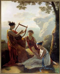 La poetisa griega Safo (Sappho) tocando la lira y dos de sus compañeras Pintura de Jacques Louis Grandin (1780-?) 1808 París, Museo Marmottan
