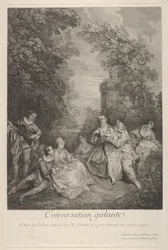 Conversación galante: parejas conversando en un jardín, 1743