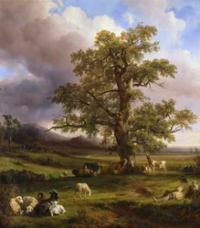 Animales descansando alrededor de un gran roble, 1842