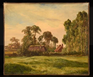 Paisaje con una vista de una granja a través de los árboles