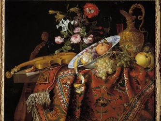 Naturaleza muerta con violín y aguamarina. Pintura de Jacques Samuel Bernard (1615-1687)