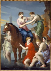 Roma antigua: Clelia cruzando el Tíber. La heroína romana entregada como rehén a Porsenna, rey de los etruscos, que estaba sitiando Roma, escapó con sus compañeras cruzando el Tíber en 507 a.C. Pintura de Jacques Stella (1596-1657)