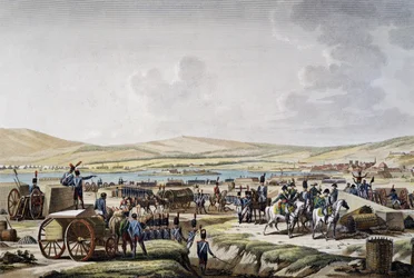 Napoleón visitando las obras de asedio de Danzig dirigidas por el mariscal Lefebvre (9 de mayo de 1807), grabado de François Jacques Dequevauviller (1783-1848), dibujo de Jacques François Joseph Swebach-Desfontaines (1769-1823).