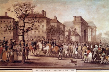 Campaña de Francia en 1814: "Entrada en París de los prisioneros de los ejércitos aliados (incluidos Rusia y Prusia), escoltados por la Guardia Nacional al mando del Mariscal Moncey el 9/03/1814" Litografía de Jacques Swebach-Desfontaines (1769-1823)