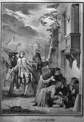 Les Plaideurs - Ilustración de Jacques de Seve para las obras de Jean Racine (1639-1699), poeta trágico francés. grabado de 1760