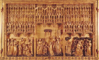 Retablo de Santos y Mártires, panel central la decapitación de San Juan Bautista, el Martirio de Santa Catalina de Alejandría y Santa Bárbara y la Tentación de San Antonio, c.1391