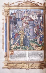 Manuscrito iluminado que representa a un rey y su ejército ante una ciudad, 1503-04