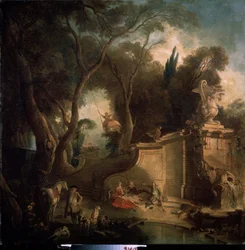 ""Descanso después de la caza" (Descanso después de la caza) Placeres de la nobleza después de la partida de caza, una mujer en un columpio, una escena de picnic (picnic) en el campo. Pintura de Jacques de Lajoue (1686-1761) 1730 Museo Pushkin, Moscú